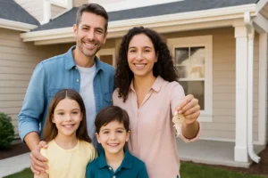 Familia contente com a compra da casa propria web